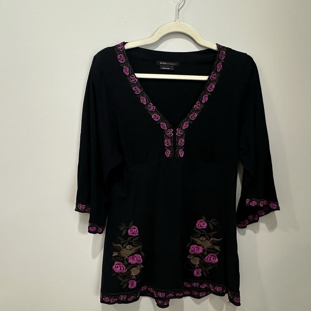 BCBG Maxazria Black Purple Embroidered Peasant Top Tunic Sz Large Floral Boho